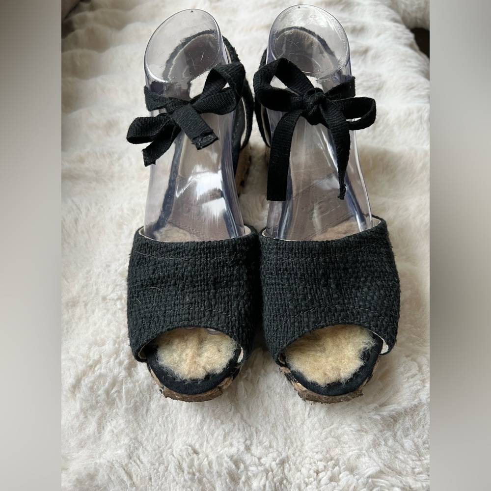 UGG Australia Delmar 1652 Espadrille Ankle Tie Wedge Sandals Black